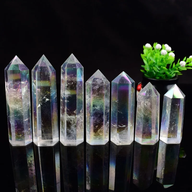 Aura Crystal Point Healing Obelisk Clear Quartz Colorful Halo Wand Beautiful Ornament for Home Decor Pyramid Souvenir DIY Gift