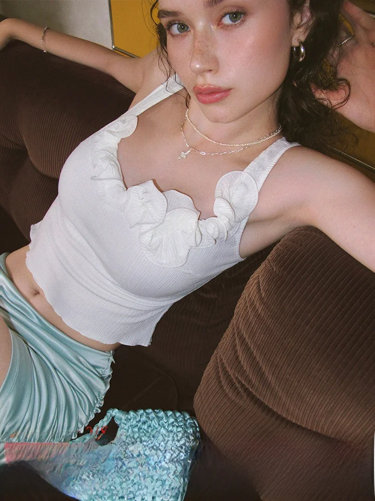 

Itsnikar Tea Break Ruffle Collar Svel Strap Vest Women Summer Ele High-End Feeling Outerwear ort Top Street Sle