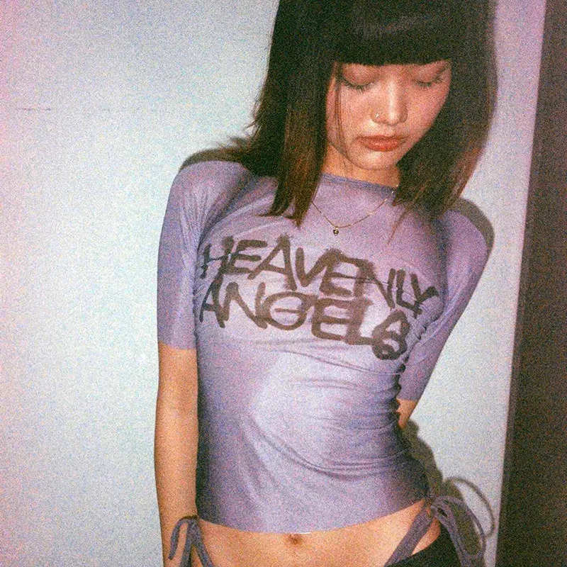 Brief Drucken Y2k Top Durchsichtig Grafik T Shirts Für Frauen Kleidung Kurzarm Ästhetischen Ropa De Mujer Dünne Sexy Streetwear – Detail 8