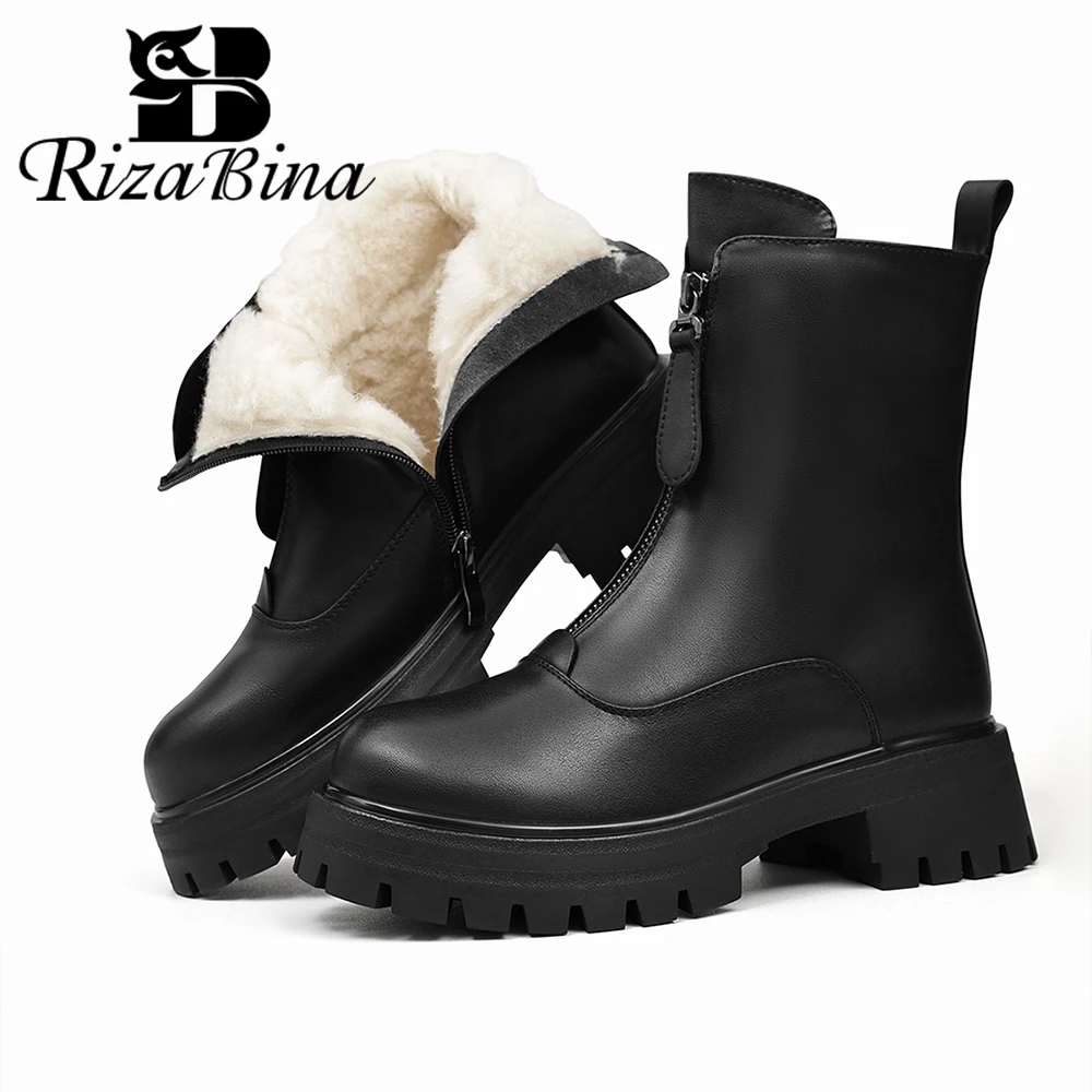 RIZABINA Ankle Boots Real Leather Winter Thick Plush Zipper Chunky Heel Women's Booties Ladies Fashion Non-slip Platform Shoes