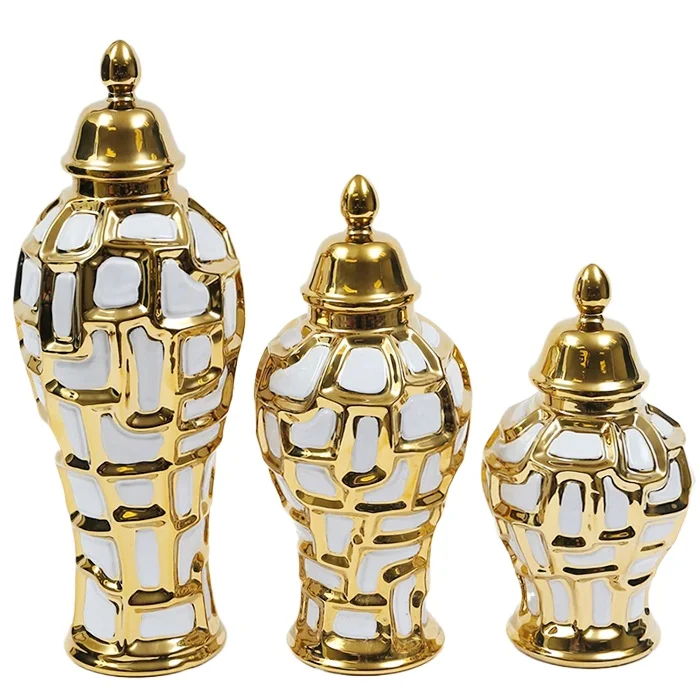

Light luxury electroplating, gold plaid ceramics, general tank, art storage tank, hotel ornament vase