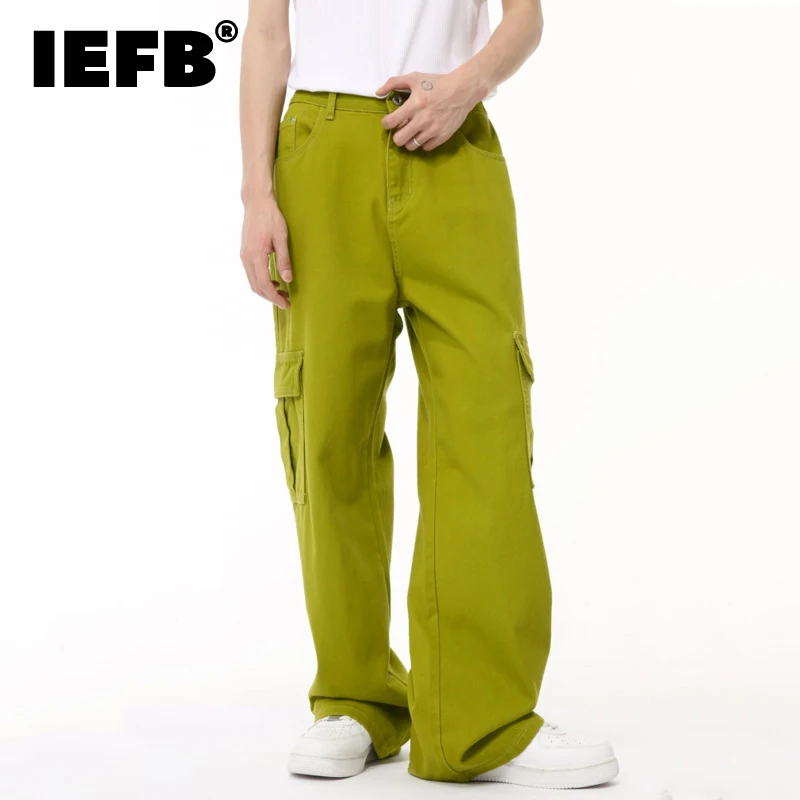 

IEFB High Street Men's Denim Pants Casual Big Pockets Straight Wide Leg Loose Solid Color Male Jeans New Summer Tide 2024 9C6515