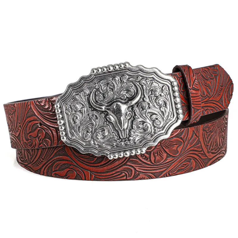 Western Cowboy-Stil Vintage Casual Gürtel - Geschnitzte Ochsenkopf-Schnalle & Bohemian-Print, Perfekt für Tägliche Pendler- und Dating-Outfits – Detail 4