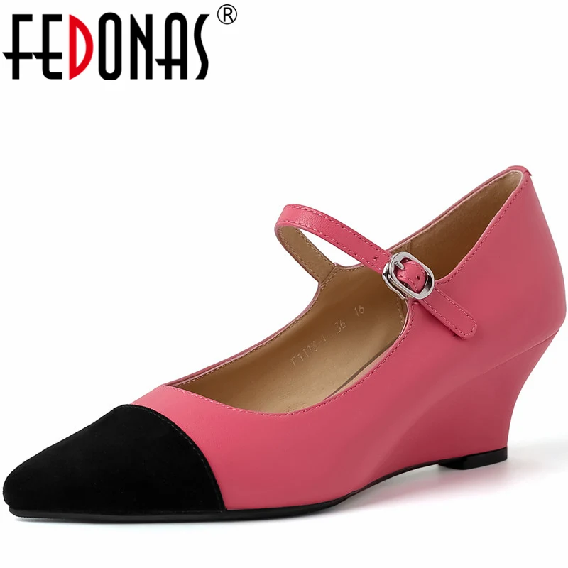 

FEDONAS Vintage Wedges Heels Women Pumps Mixed Colors Genuine Leather Pointed Toe Fashion Buckle Strap Shoes Woman Office Lady