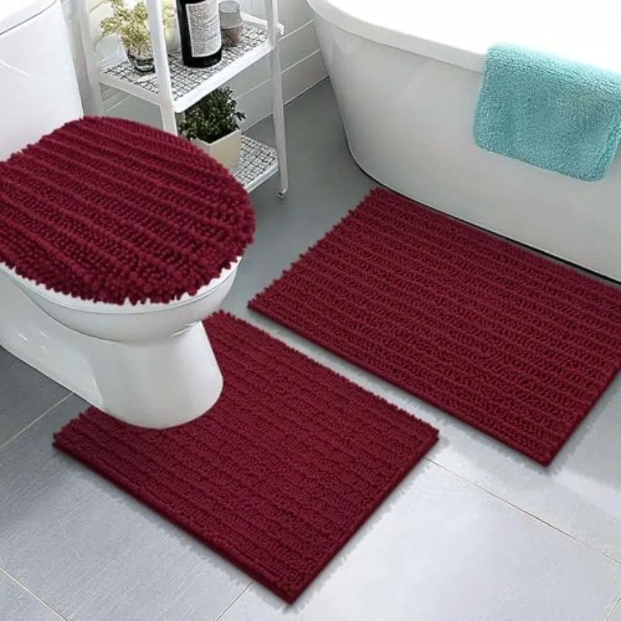 

Luxury Chenille Bathroom Rugs 3 Pcs with Toilet Lid Cover Shaggy Soft and Absorbent Bath Rug Non-Slip Machine Washable Bath Mat