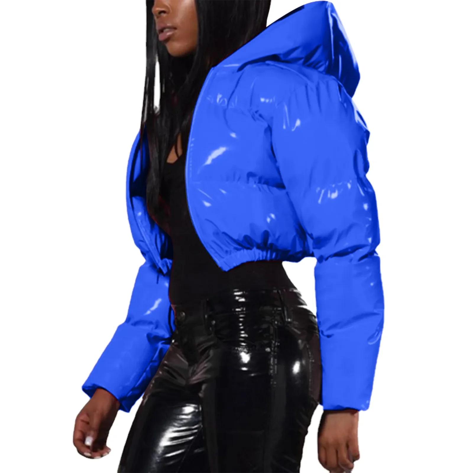 2023 Ladies Autumn And Winter Warm Short Shiny Padded Hooded Leather Jacket Japanese style 90s Workout