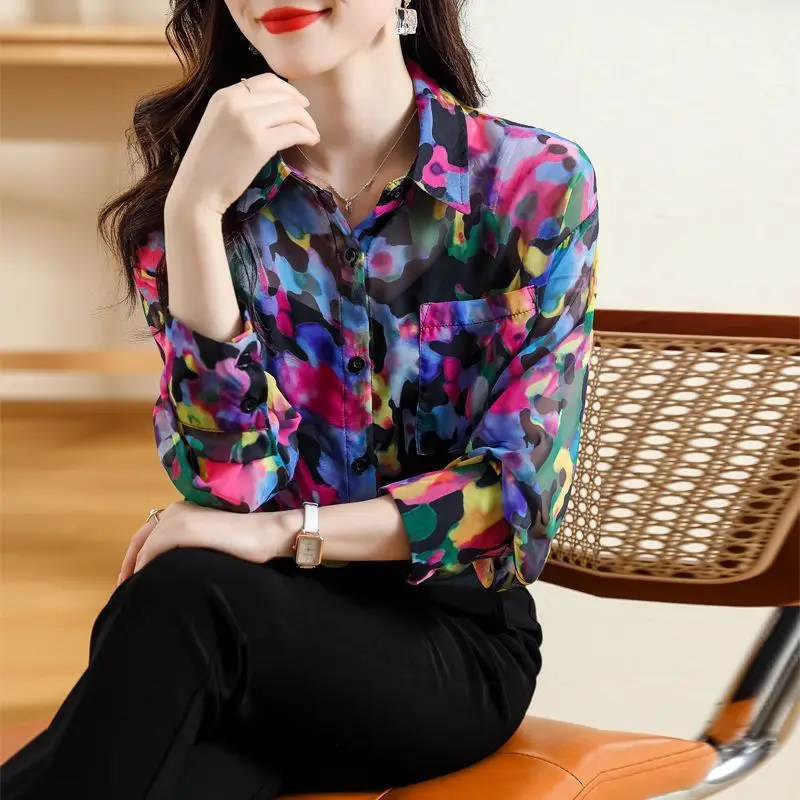 Female Clothing Camouflage Printed Blouse Stylish Contrasting Colors Spring Autumn Pockets Spliced Casual Single-breasted Shirt