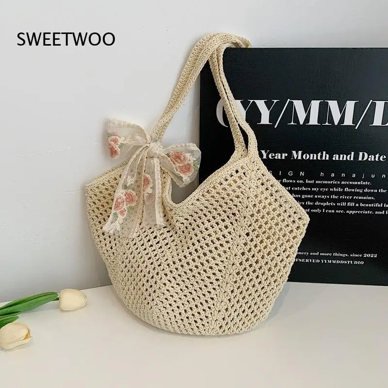 2026 Hollow Out Cotton Thread Woven Tote Bag Large Capacity Lightweight Shoulder Handbag for Beach Vacation Daily Shopping