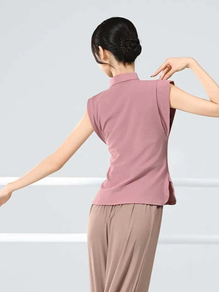 Solid Color Mandarin Collar Short Sleeve Slim Fit Dance Top for Women, Ballet Stage Practice Modern Performance Shirt