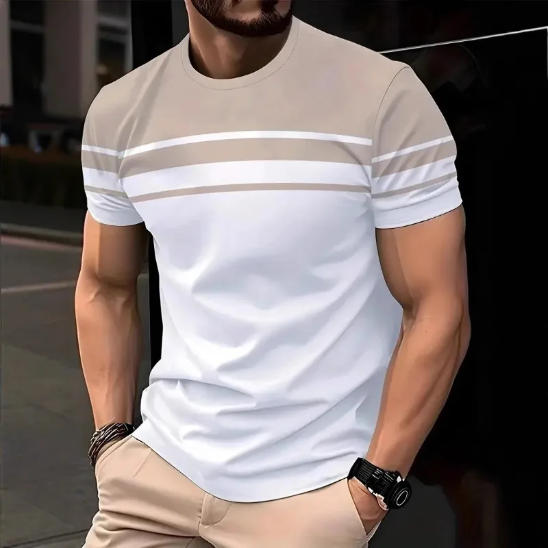 

2026 Summer Men's Fashion 3D T Shirt Splicing Printed Colorblocking Casual Slim Short Sleeve Outdoor Sports Running Fitness Top