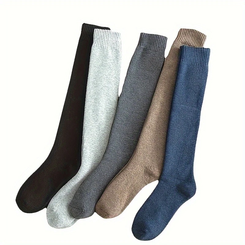 1 pair of men's long tube looped socks, autumn and winter thick calf socks, winter velvet warm knee socks, high tube solid color