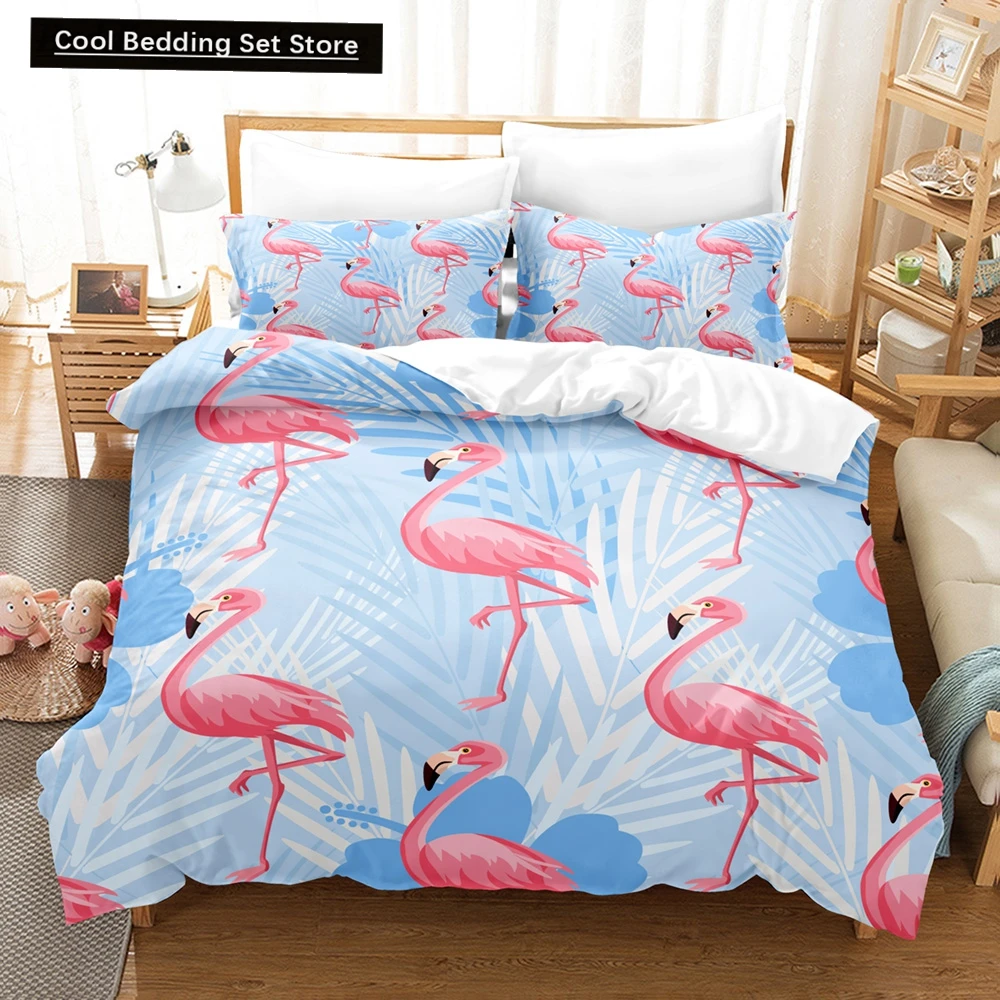 

Flamingo Duvet Cover King Queen Tropical Palm Leaves Flower Bedding Set for Adult Red Animal Floral 2/3pcs Polyester Quilt Cover