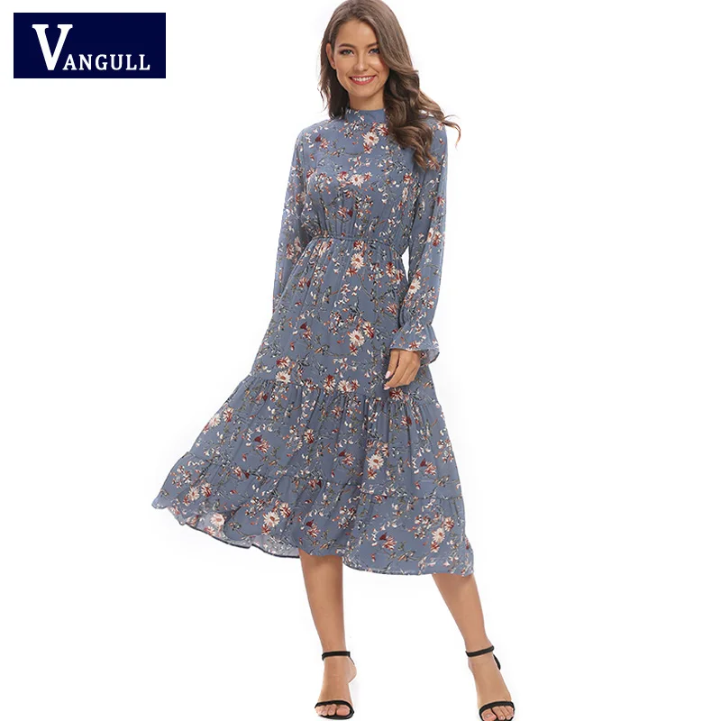 

Vangull Summer New Chifon Women Dresses O-Neck Long Sleeve Back Zipper Female Dress Flower Print Loose Thin Ladies Dress