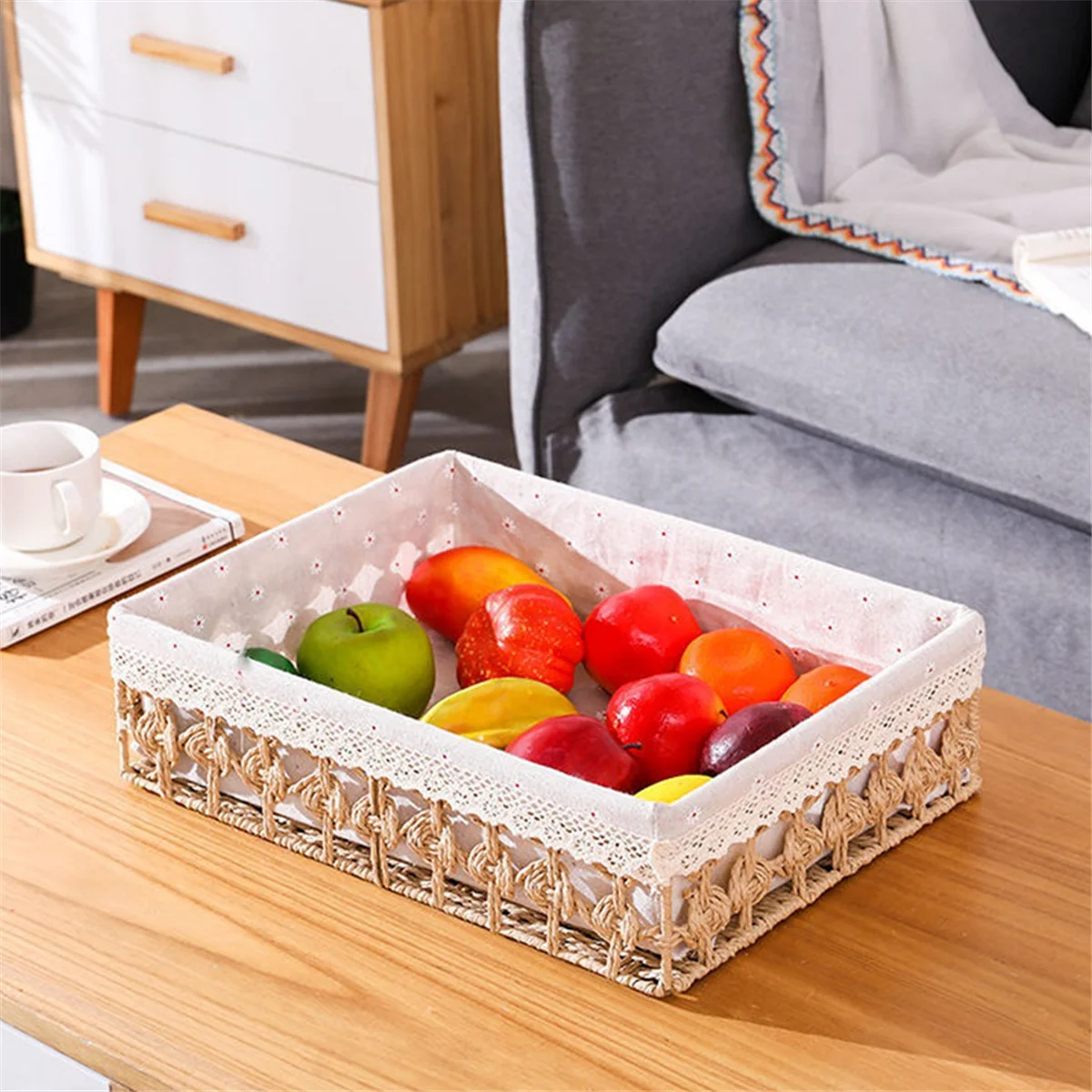 Rattan Storage Baskets Woven Basket Fruit Bread Snack Storage Tray Picnic Basket,Grey