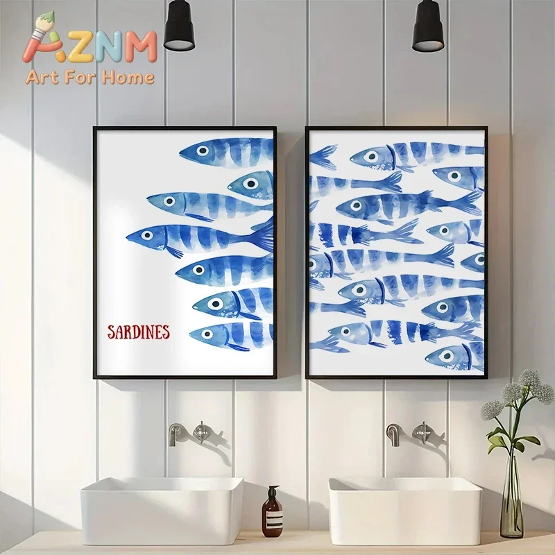 Watercolor Sardine Fish Wall Art Poster Blue Sea Canva Print Nautical Coastal Wall Decor Bathroom Home Decor Cute Ocean Art Gift