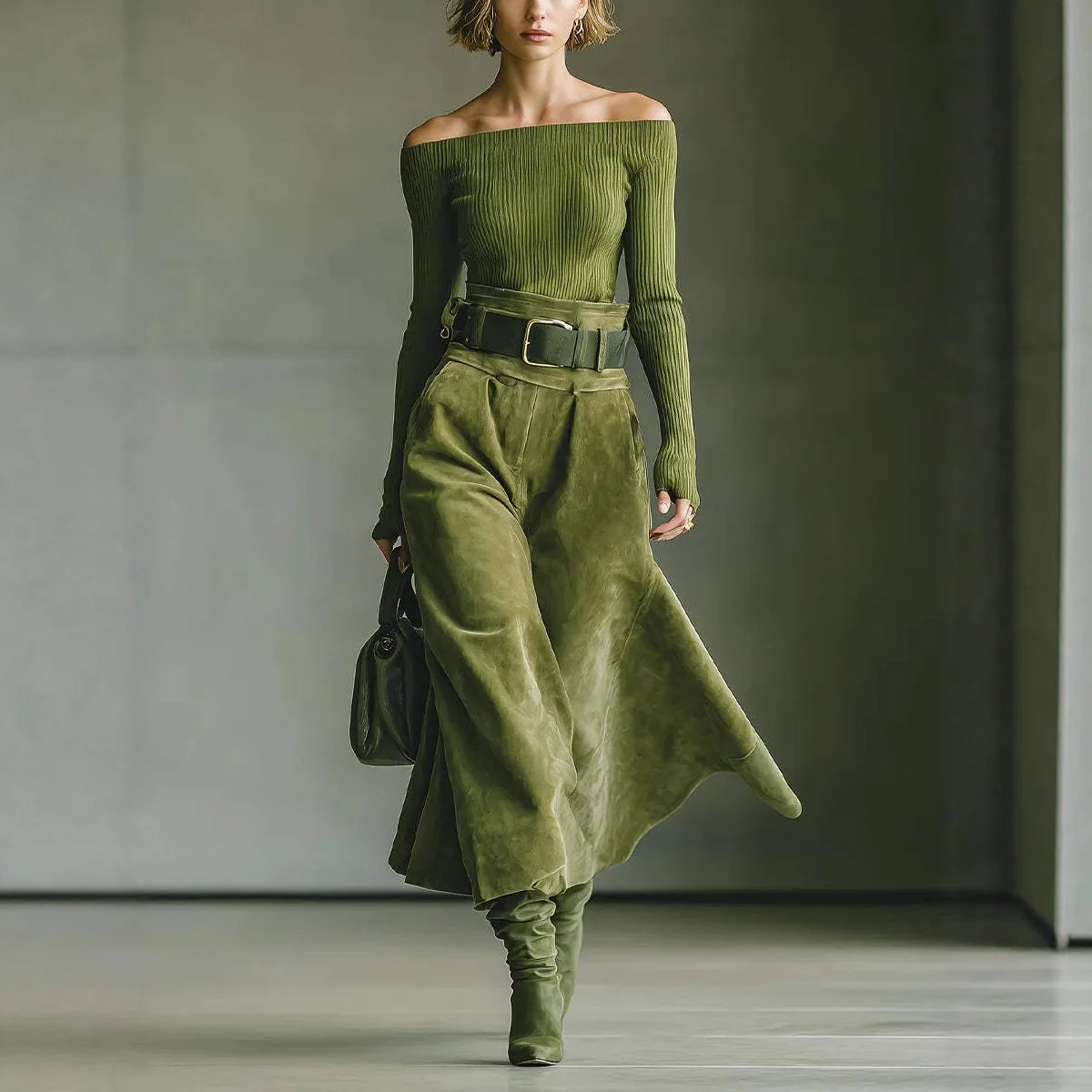 

Элегантное платье в британском стиле: облегающий топ на одно плечо с длинным рукавом, мини-юбка с высокой талией и поясом, коллекция 2026 года