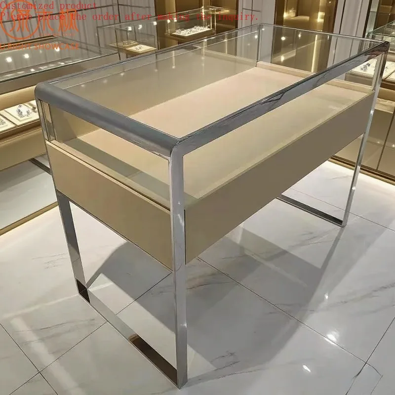 

Custom.Customized Beige Jewelry Display Cabinet with Drawer Storage, Metal - Framed Jewelry Island showcase