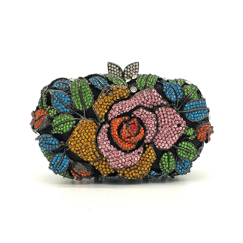 Green Pink Multicolored Rose Crystal Women Evening Clutches Bags Diamond Wedding Cocktail Party Purse and Stone Handbag