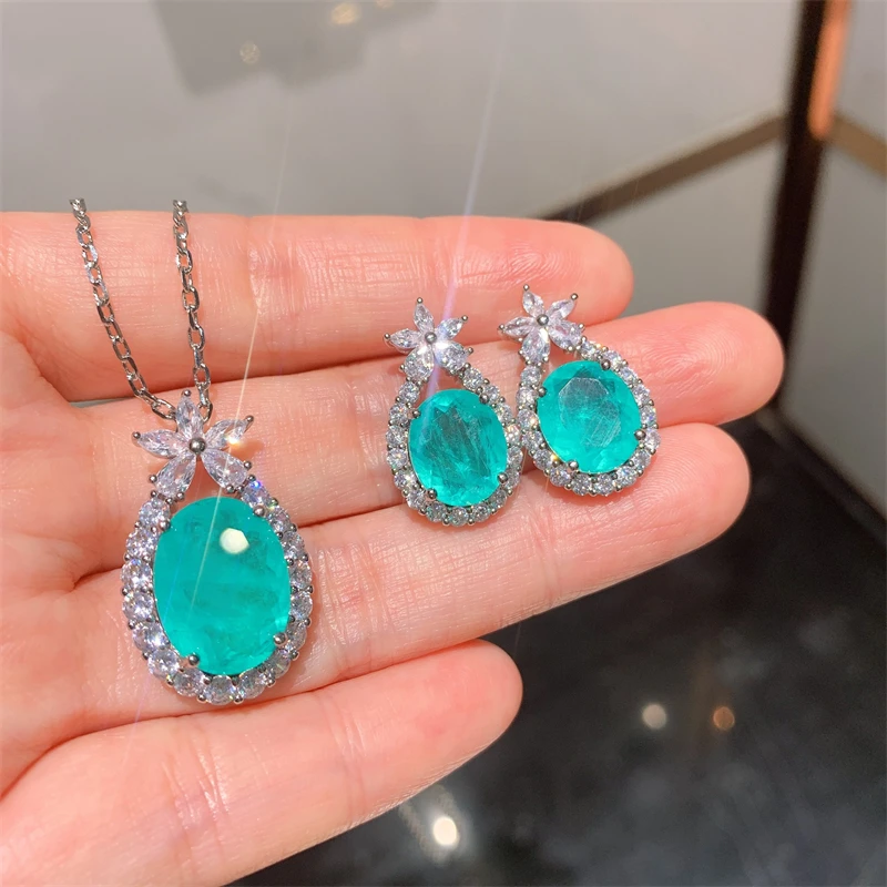 QXTC Blue Stone Aquamarine Paraiba Tourmaline Lab Diamonds Pendant Necklace Stud Earrings Wedding Party Women's Fine Jewelry Set