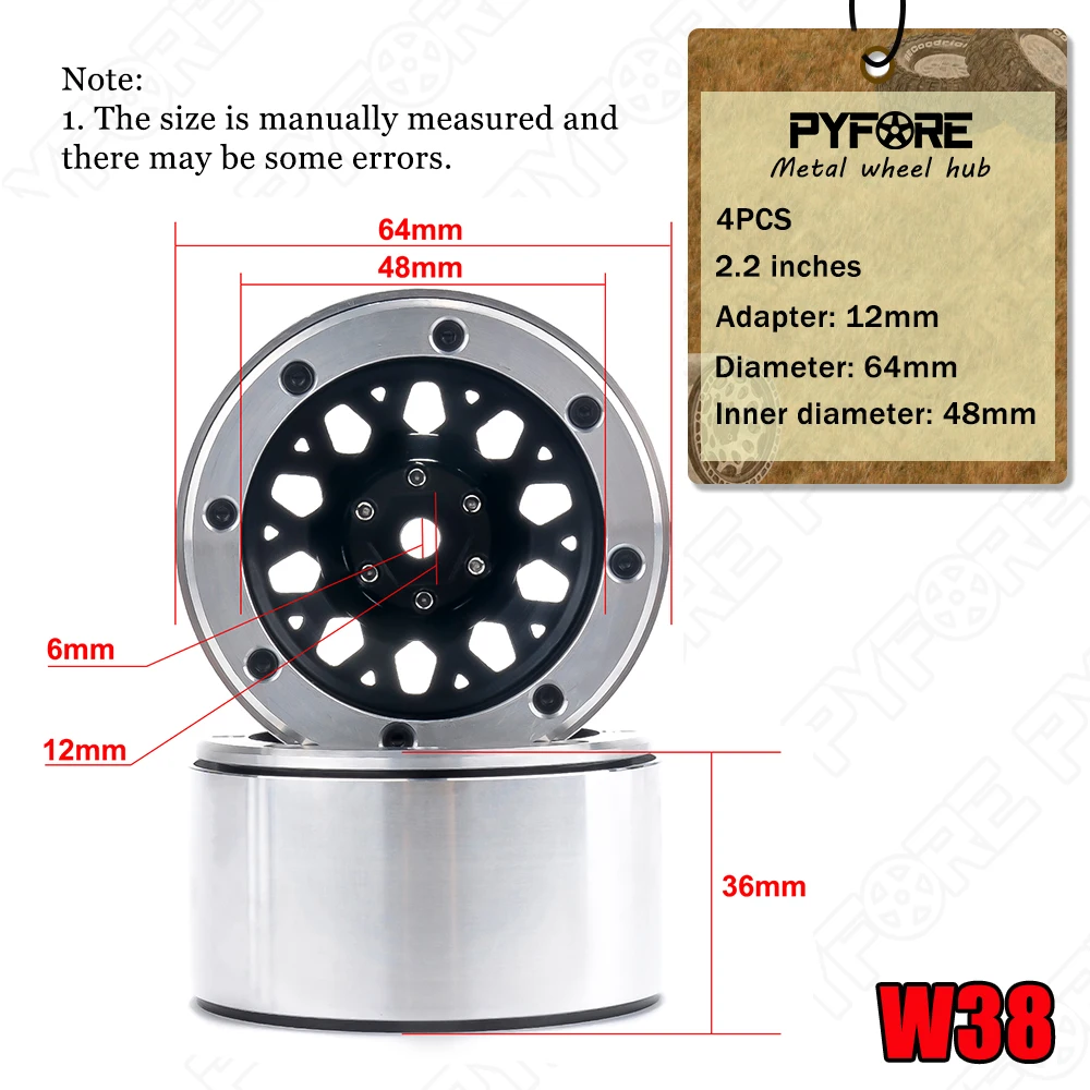

PYFORE 4pcs 2.2in Metal Wheel Hub Inner Diameter 64mm Adapter 12mm for 1/8 1/10 Remote Crawler Car Wheel Hub W38