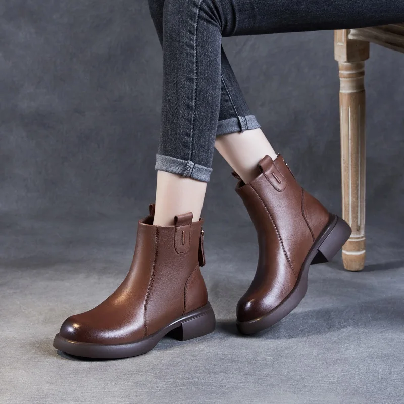 DRKANOL w brytyjskim stylu kobiety Chelsea Boots zima ciepły gruby obcas z tyłu z okrągłym noskiem trzewiki w stylu Casual z prawdziwej skóry