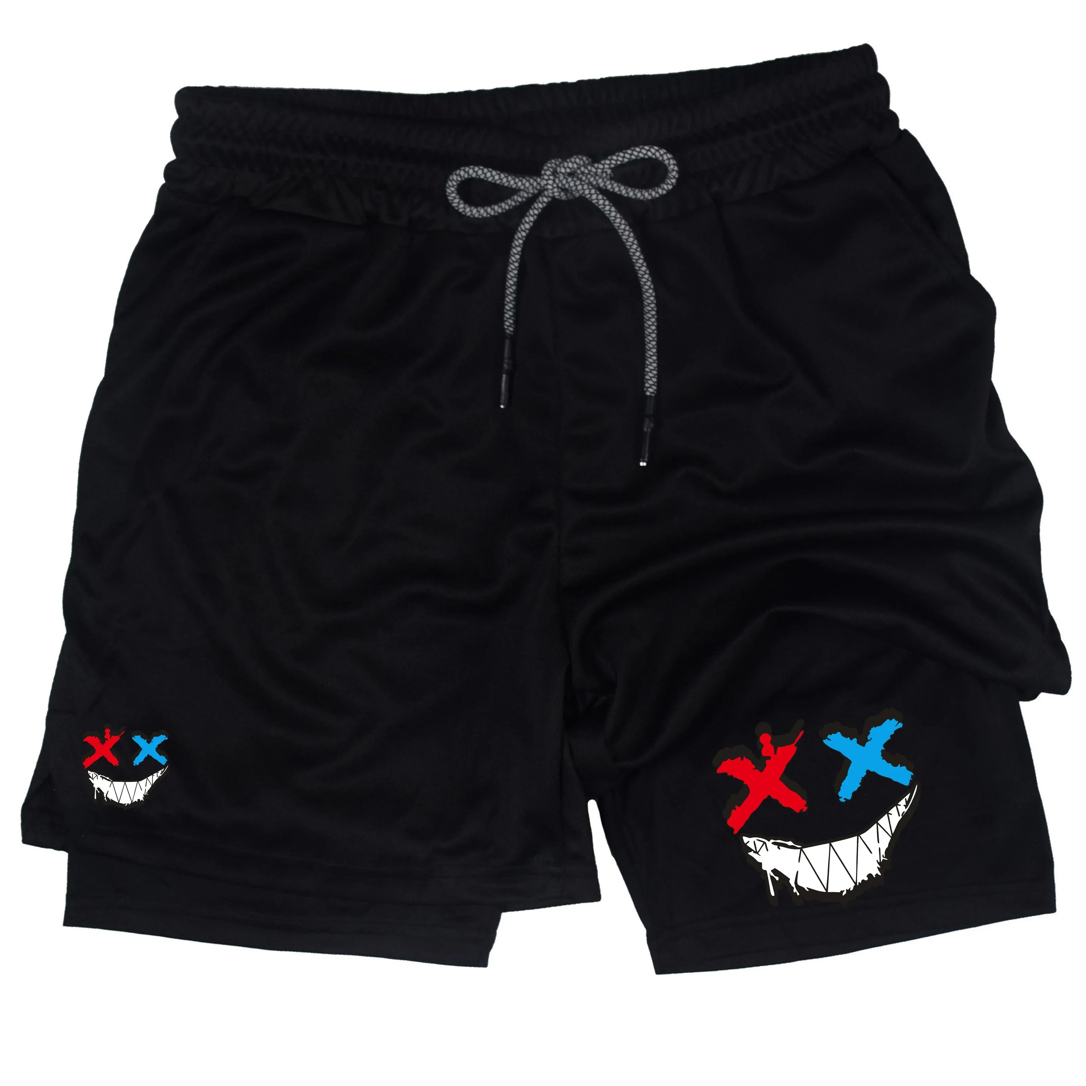 

2025 Men's 2-in-1 Sports Shorts with Smiling Face Printed Tight Shorts Suitable for Gym Training and Running