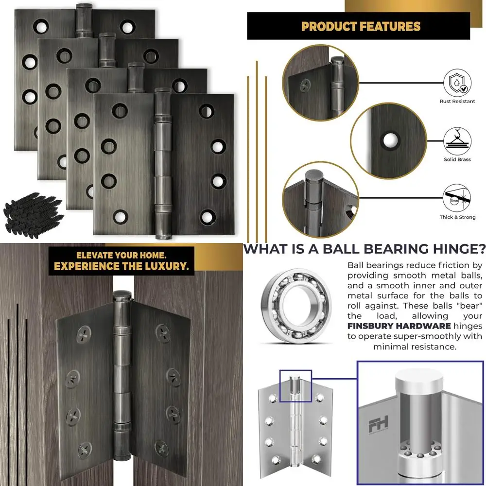 頑丈な真鍮製ボールベアリングヒンジ、4x4インチ、6個セット、磨きピューター仕上げ、長持ちするドア金具