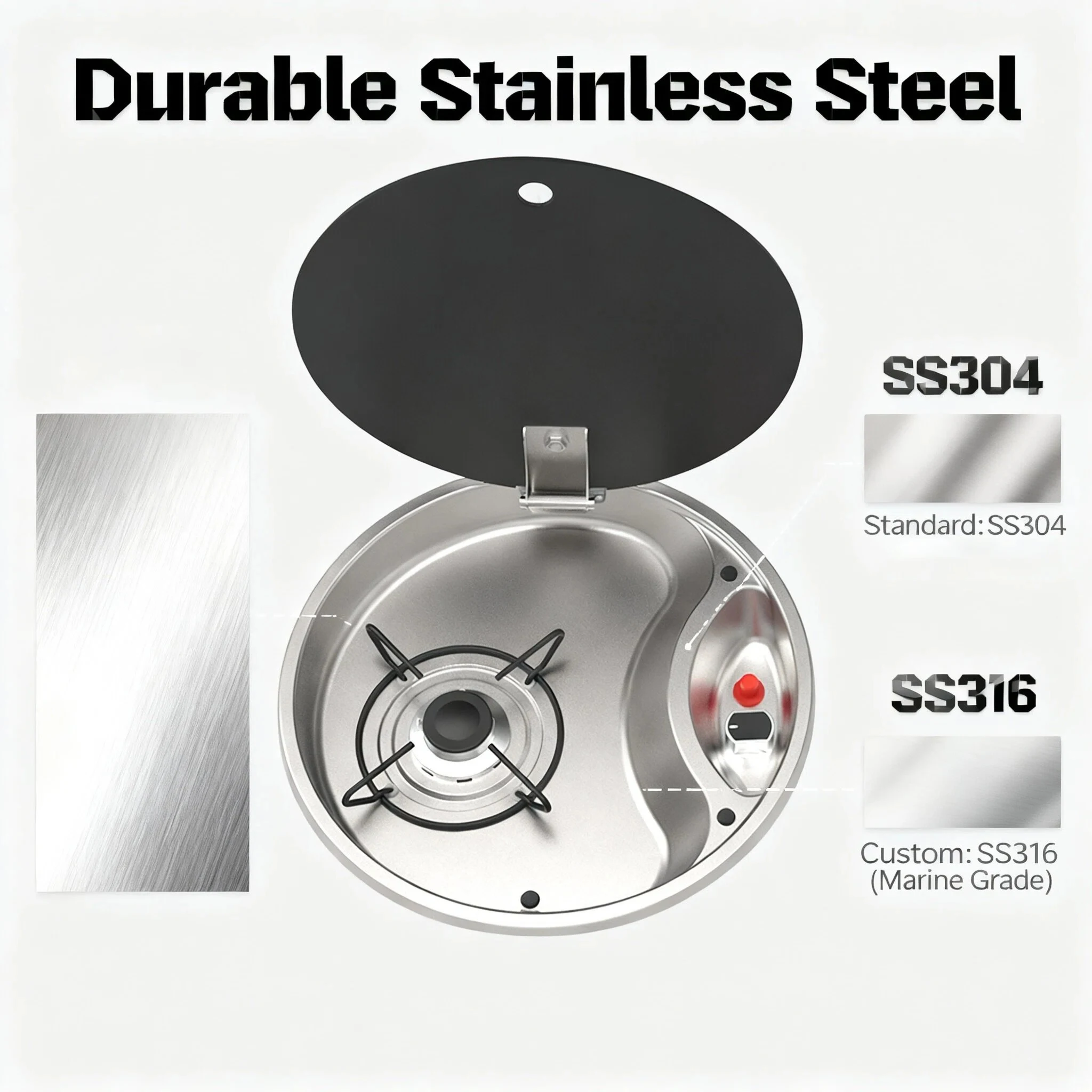 GuangRun Round One Burner Gas Stove SS 304 Stainless Steel Lightweight Compact Design LPG Cooker for RV Marine Yacht Caravan