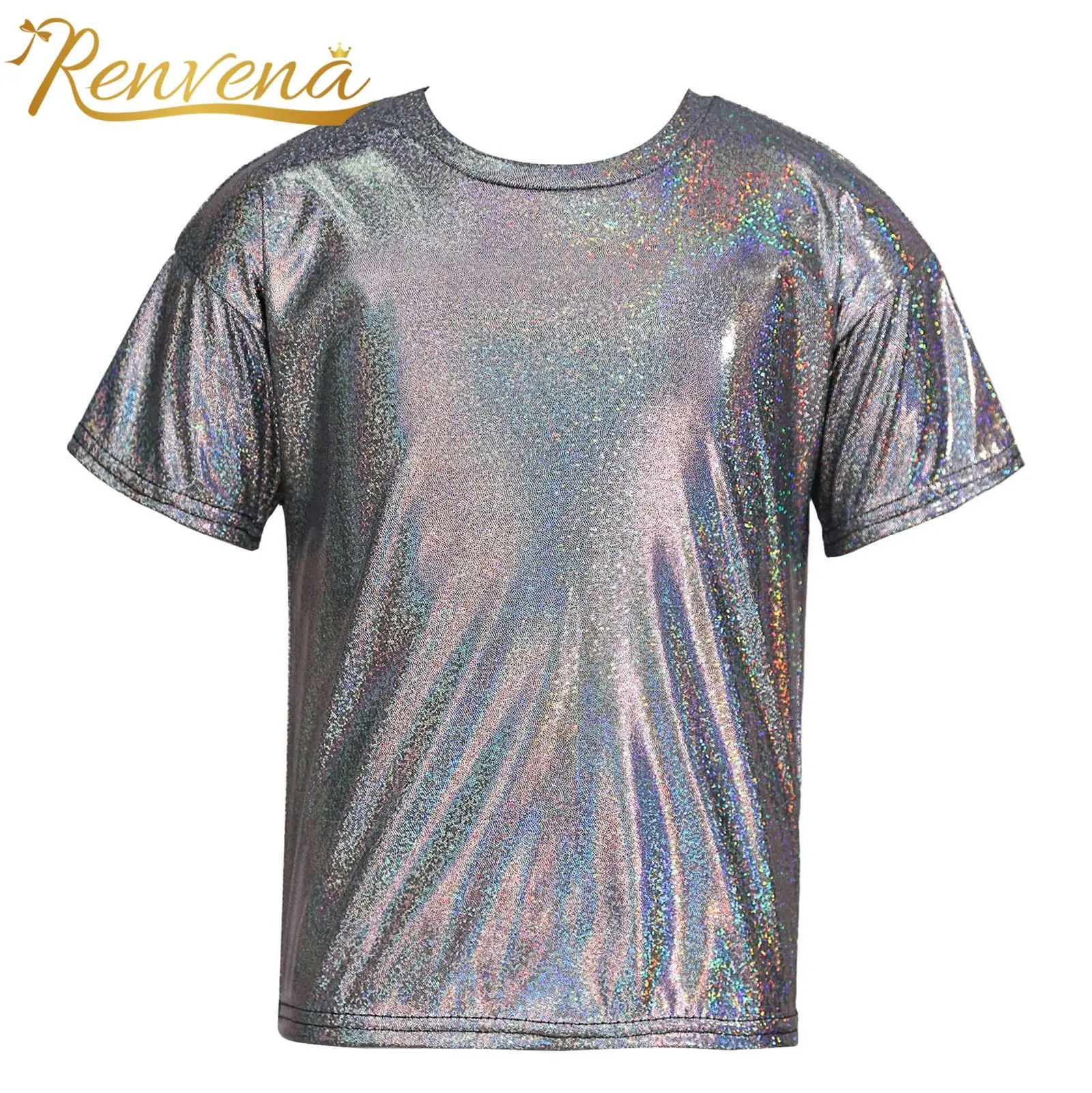 Child Girls Boys Shiny Metallic Short Sleeve T-Shirts Fashion Sparkly Loose Tshirts Jazz Hip Hop Dance Top Performance Dancewear