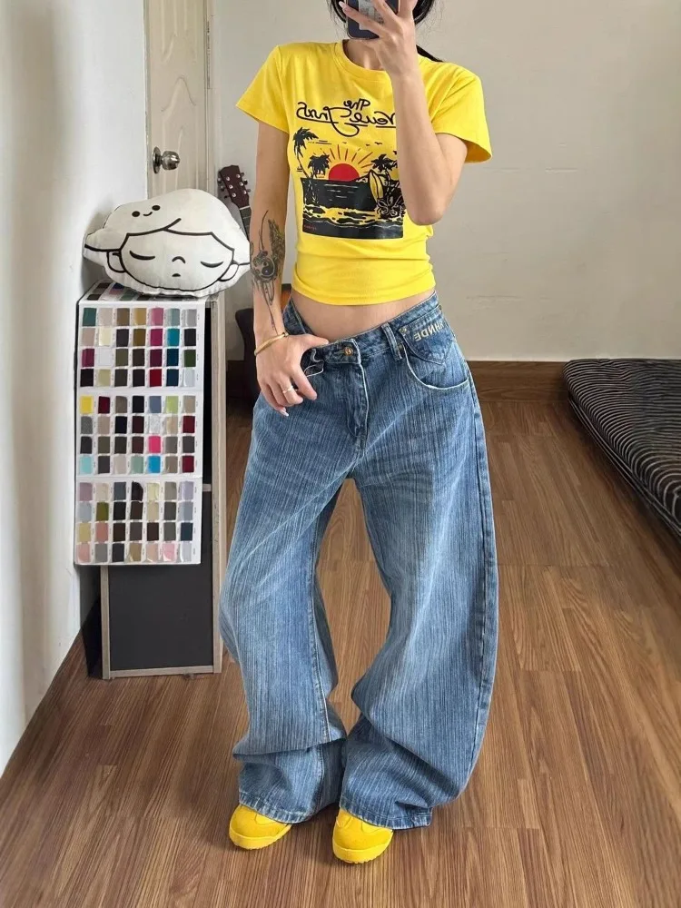 Women's Retro Style Button Blue Wide Legs Jeans Vintage Denim Trousers Street Pants Female High Waisted Personality Sweatpants