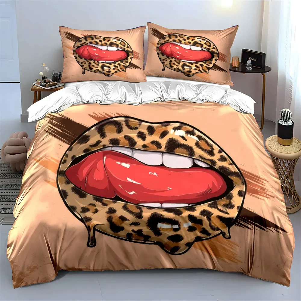 

"Leopard Print Lip Art Decals" Bedding Set with 1 Duvet Cover 2 Pillowcases Single Double King Queen, Gift
