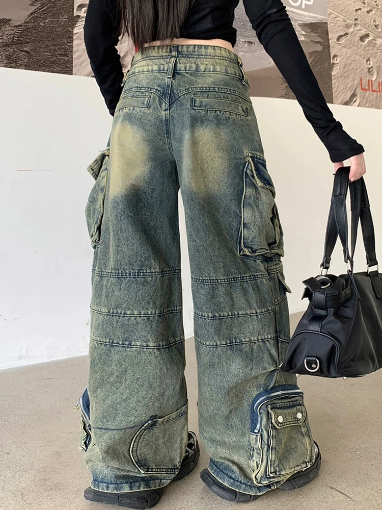 RORORIRI Multi-pocket Dual Buttons Baggy Jeans Women Retro Wash Do Old Zipper Stitch Wide Denim Cargo Pants Harajuku Streetwear