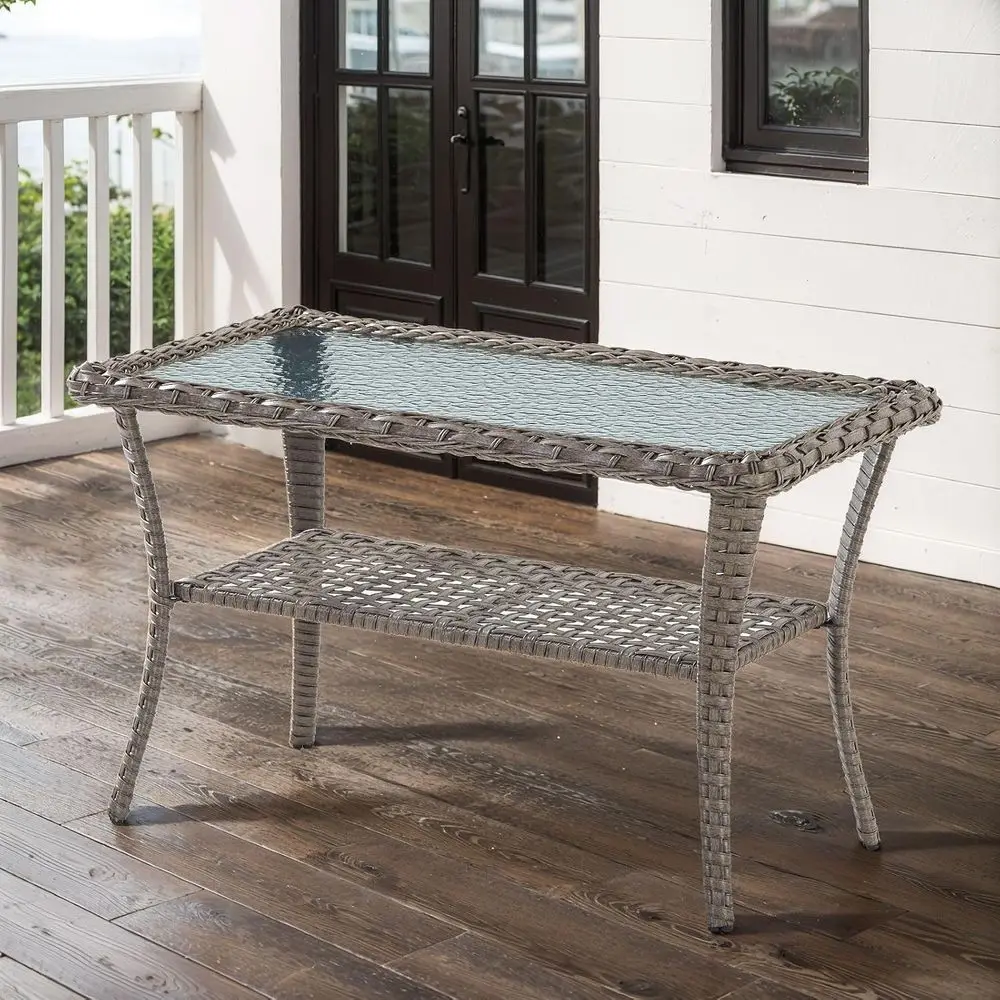 38 Inch Outdoor Coee Table with 2 Tier Storage - Wicker Coee Table with Water Texture Tempered Glass Top, All Weather Patio Coee