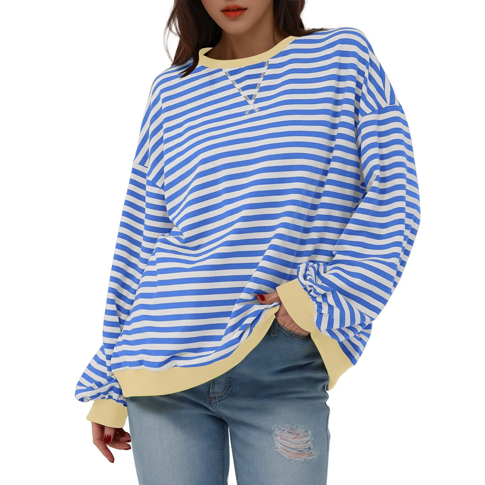 Women\'s Oversized Striped Color Blocking Long Sleeved Round Neck Sports Shirt Casual Loose Fitting Pullover Shirt Top