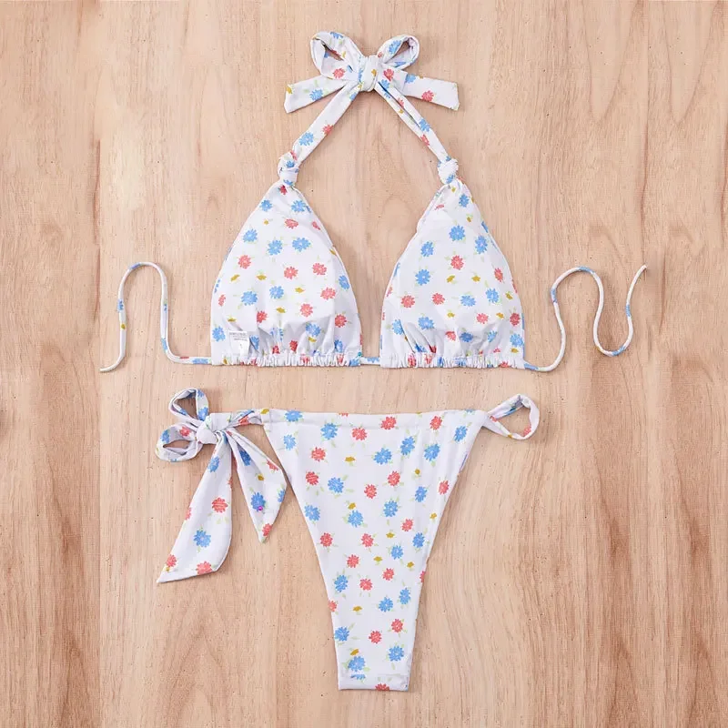 

2025 New Halter Triangle Sexy Bikini Sets Women Floral Print Swimsuit Summer Swimwear Female Swim Trunks Bathing Suit Pool