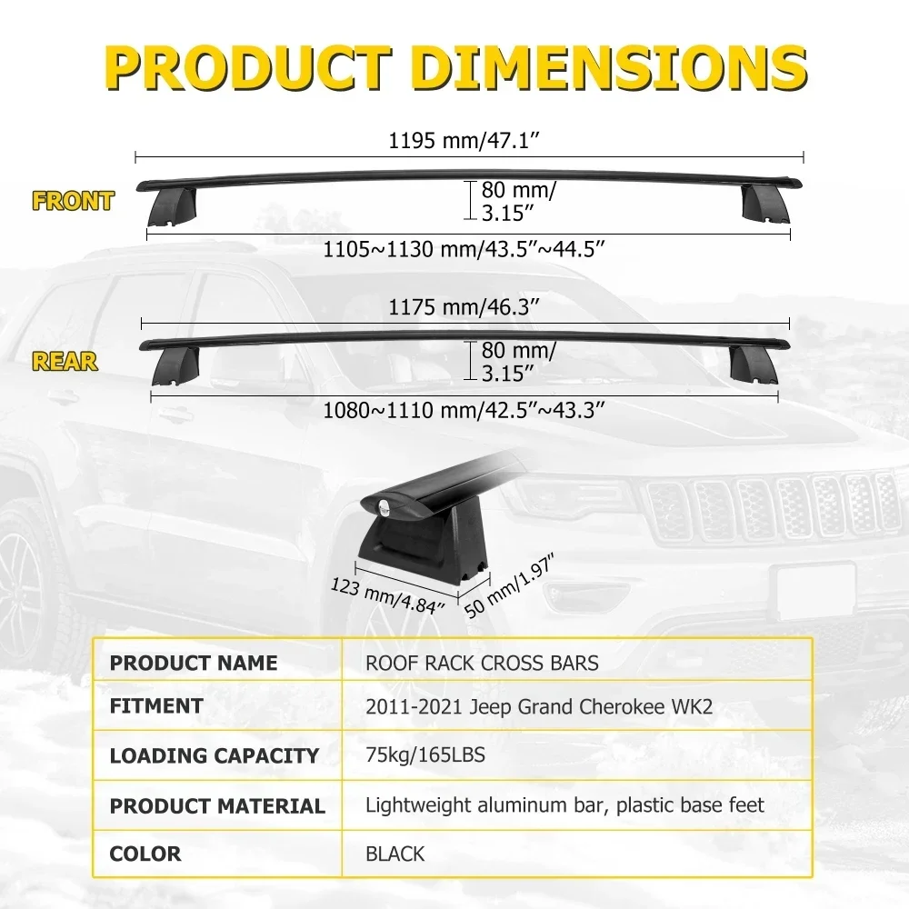 2 Pcs Roof Rack Cross Bar For Jeep Grand Cherokee 2011-2021 Roof Top Luggage Kayaks Bike Carrier Rack Storage Holder 68KG Load