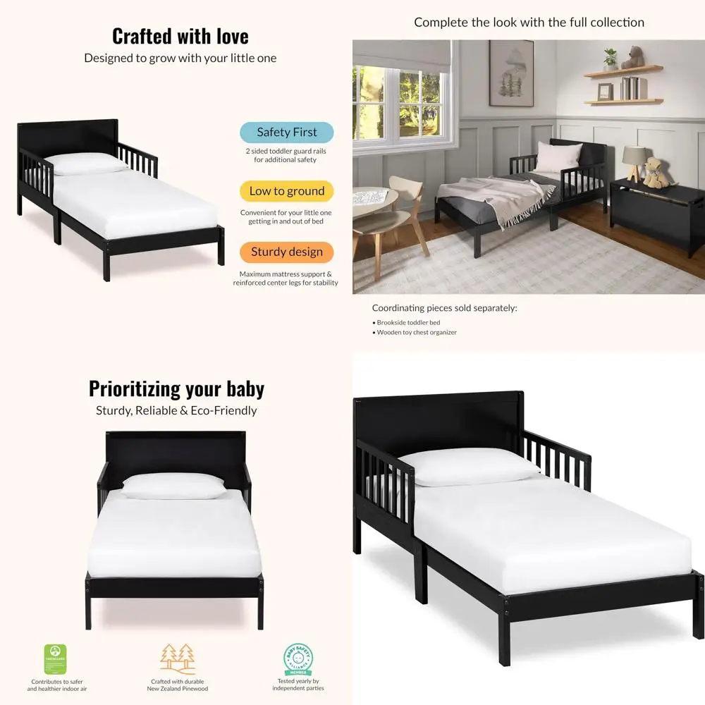 

Toddler Wooden Bed with Safety Rails, Low to Floor, Non-Toxic Finish, Greenguard Gold & JPMA Certified