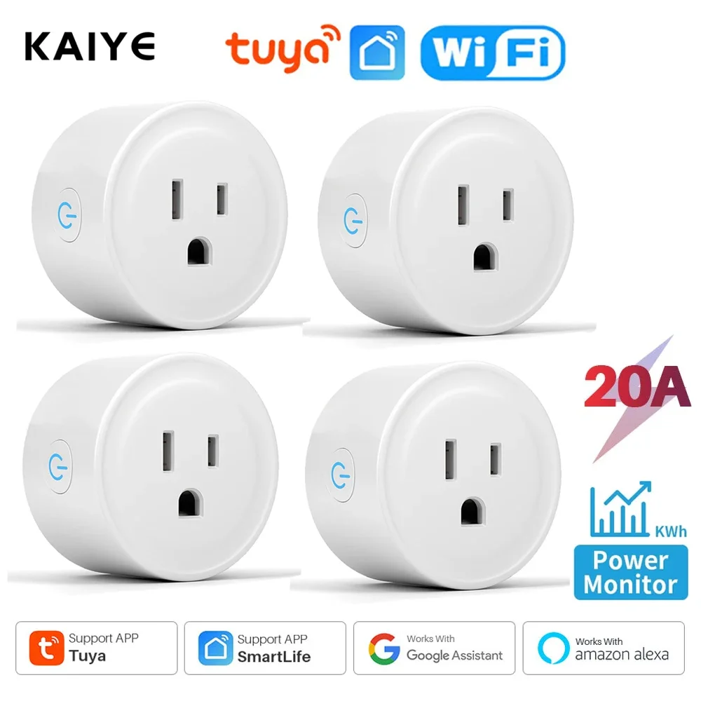 Tuya WiFi Smart Plug Socket 20A US Outlet with Power Monitor Timer Smart Life APP Remote Control Works with Google Home Alexa