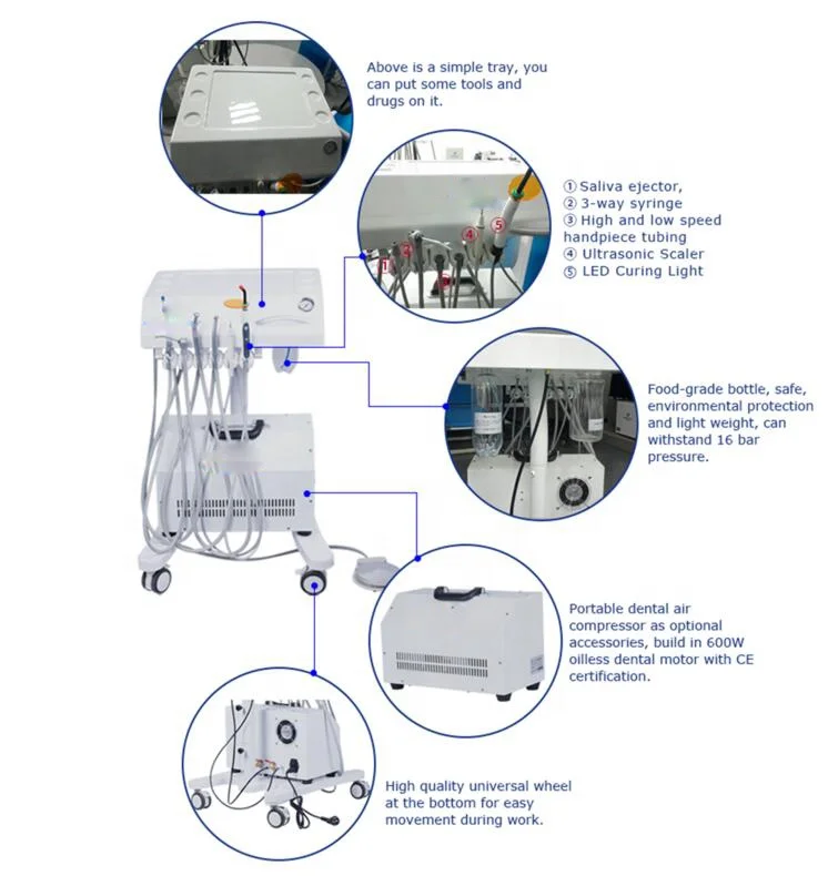 Medical Equipment Portable Dental Chair Unit With air Compressor / Mobile Dental Delivery Cart Unit System With LED Light Scaler