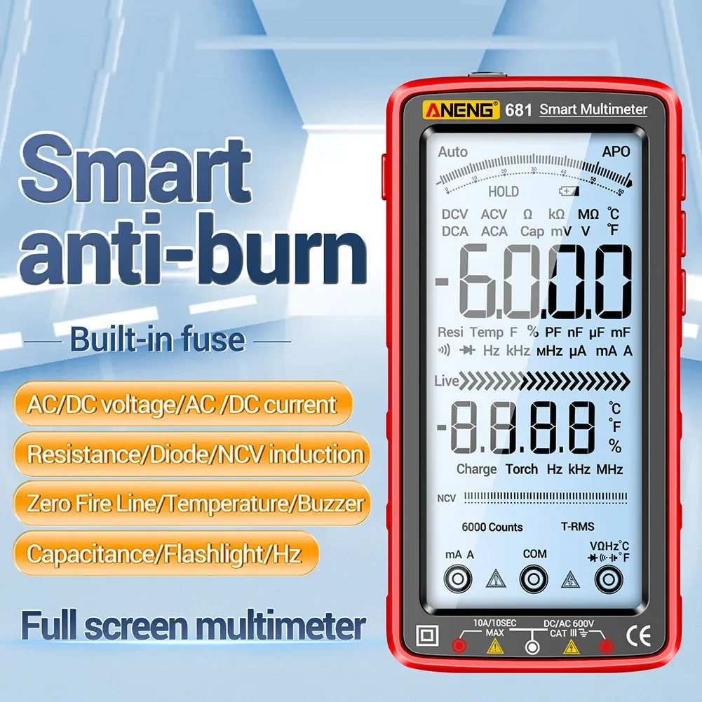 For ANENG 681 Digital Multimeter Professional Rechargeable AC/DC Voltage Non-Contact Voltage Tester LCD Screen Current Tester