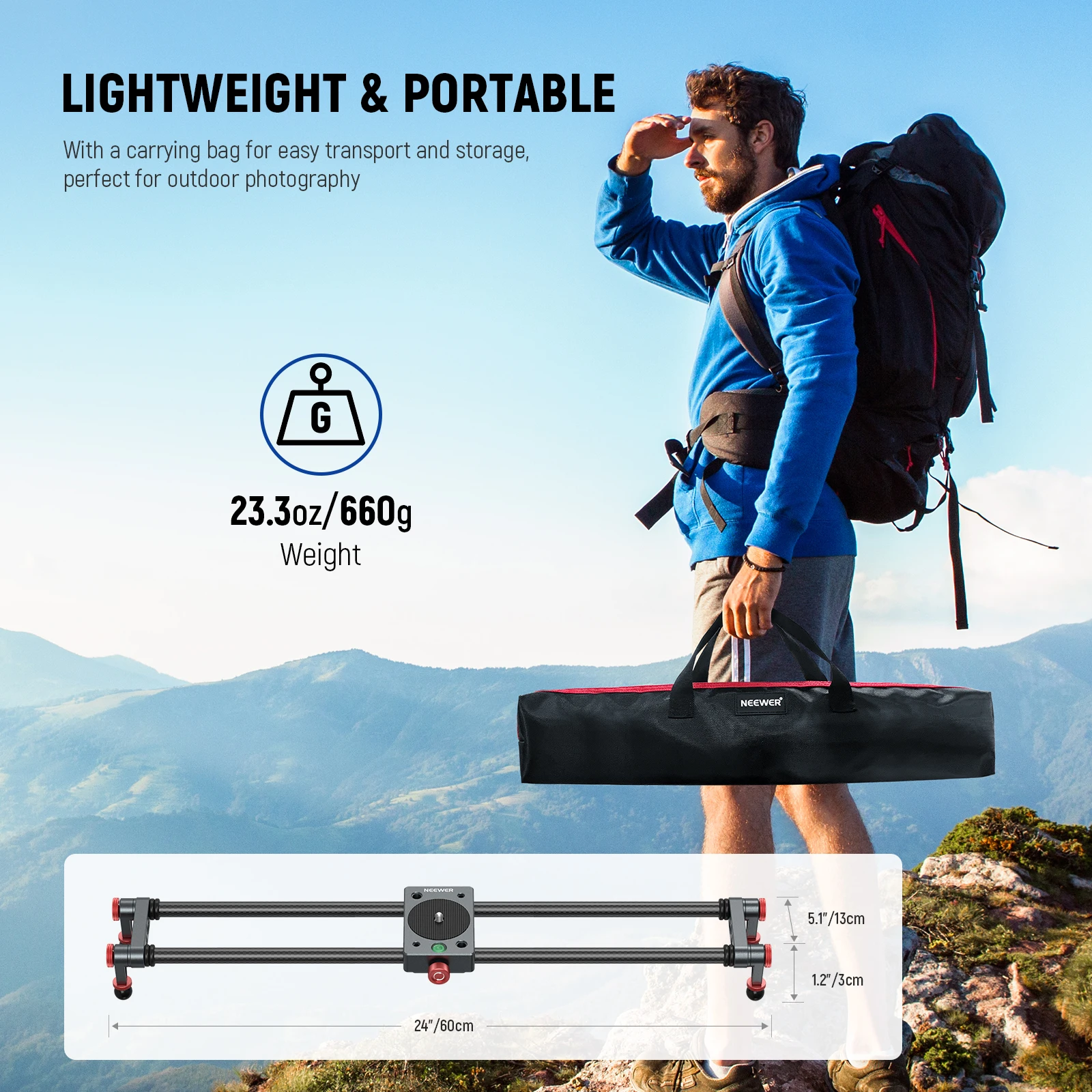 NEEWER 40cm/60cm Carbon Fiber Camera Slider with 360° Ball Head/Phone Clamp/Camera Mount, Dolly Rail Track For GoPro Insta360