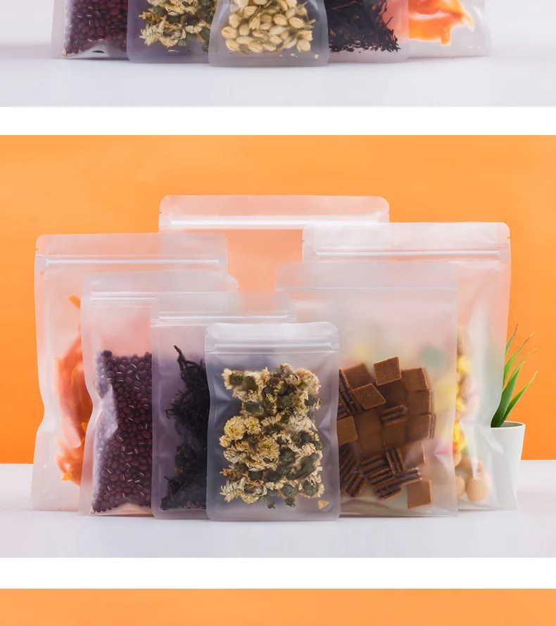 50 Stück mattierte transparente Druckverschlussbeutel, durchsichtige Kunststoff-Aufbewahrungsbeutel, Snack-Tee-Reißverschlussbeutel, Verpackungszubehör, wiederverwendbare Verpackungsbeutel – Detail 9