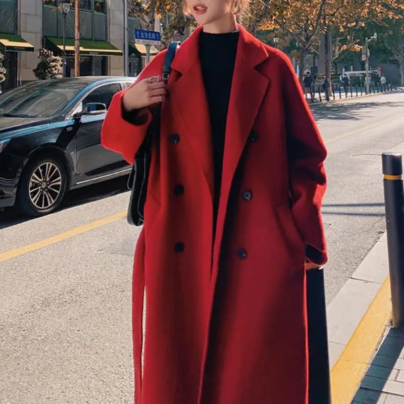 

Winter Autumn Christmas Red Black Loose Long Wool Coat Jacket Belt Woolen Overcoat Korean Women Split Hem Cardigan Outerwear