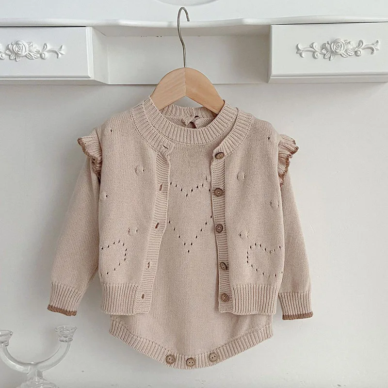 Autumn Winter Infant Baby Girl Knitting Clothes Set Long Sleeved Knitted Cardigan Coat+Romper Newborn Baby Girls Clothing Suit