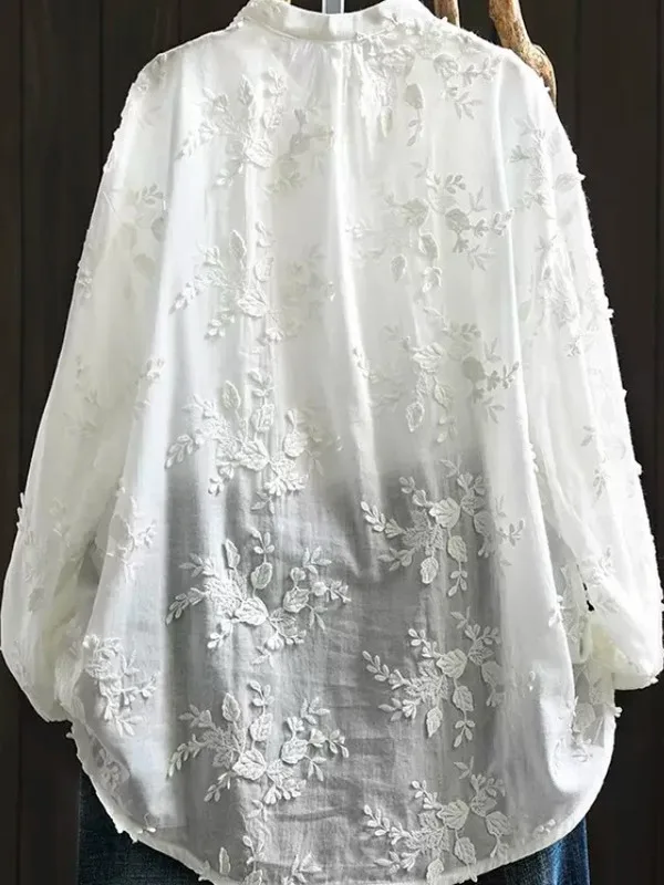 Spring New Sle Pure Cotton White Embroidered Flower Loose Fit Long Sve Women's irt Sweet Versatile round Ne Button up