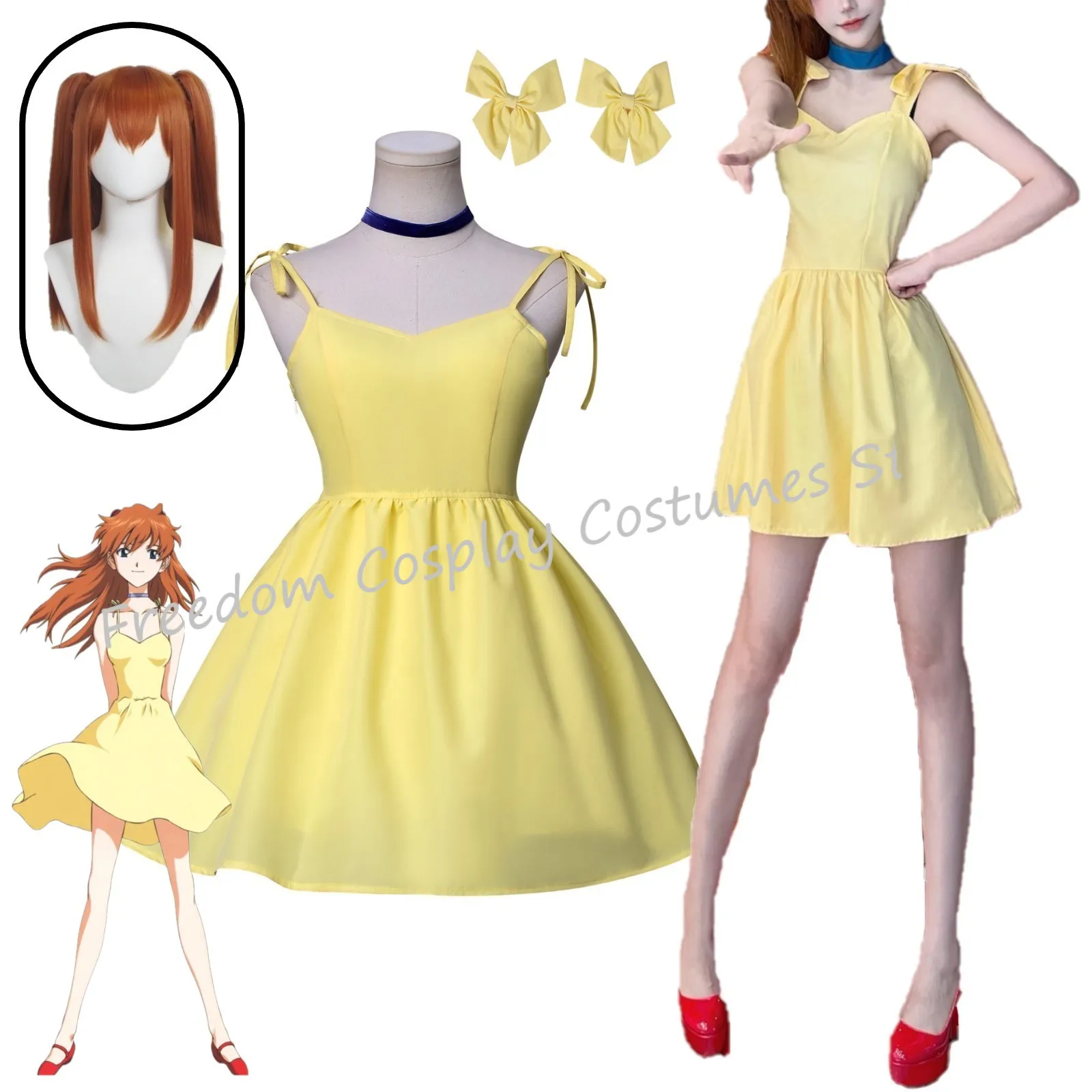 

Anime Asuka Langley Soryu Cosplay Costume wig Women Yellow Slip Dress Summer Fashion Clothes Halloween Party Outfits