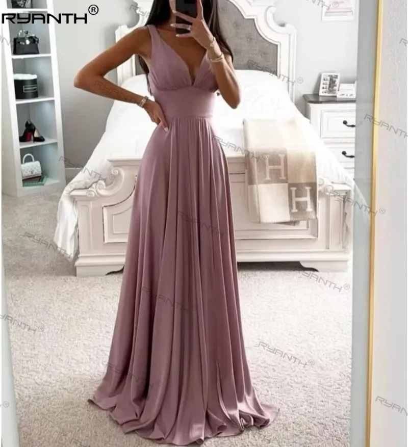 Ryanth Satin Bridesmaid Dresses Long with Slit 2024 V Neck Prom Dress Sleeveless Ruched A Line Formal Evening Party Gowns Vestid