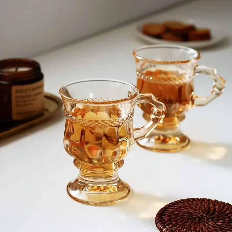 

French Retro Nostalgic Amber Glass Water Cup Embossed Goblet Creative Transparent Classical Coffee Milk Tea Cup Glass Cup