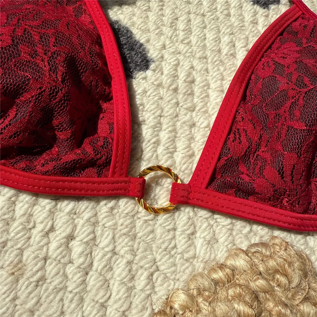 Bestickter Neckholder-Bikini mit hohem Beinausschnitt, Damen-Badeanzug, zweiteiliges Bikini-Set, gepolsterter Badeanzug, Badebekleidung, Schwimmanzug V6849 – Detail 12