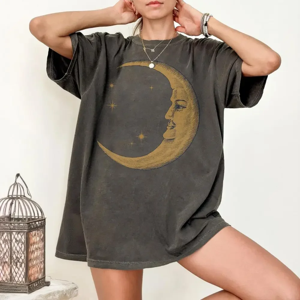 Women Retro Loose Short Sleeve Top Boho Moon Print Shirt Comfort 100% Cotton Crewneck T-shirt Casual Daily Fashion Streetwear
